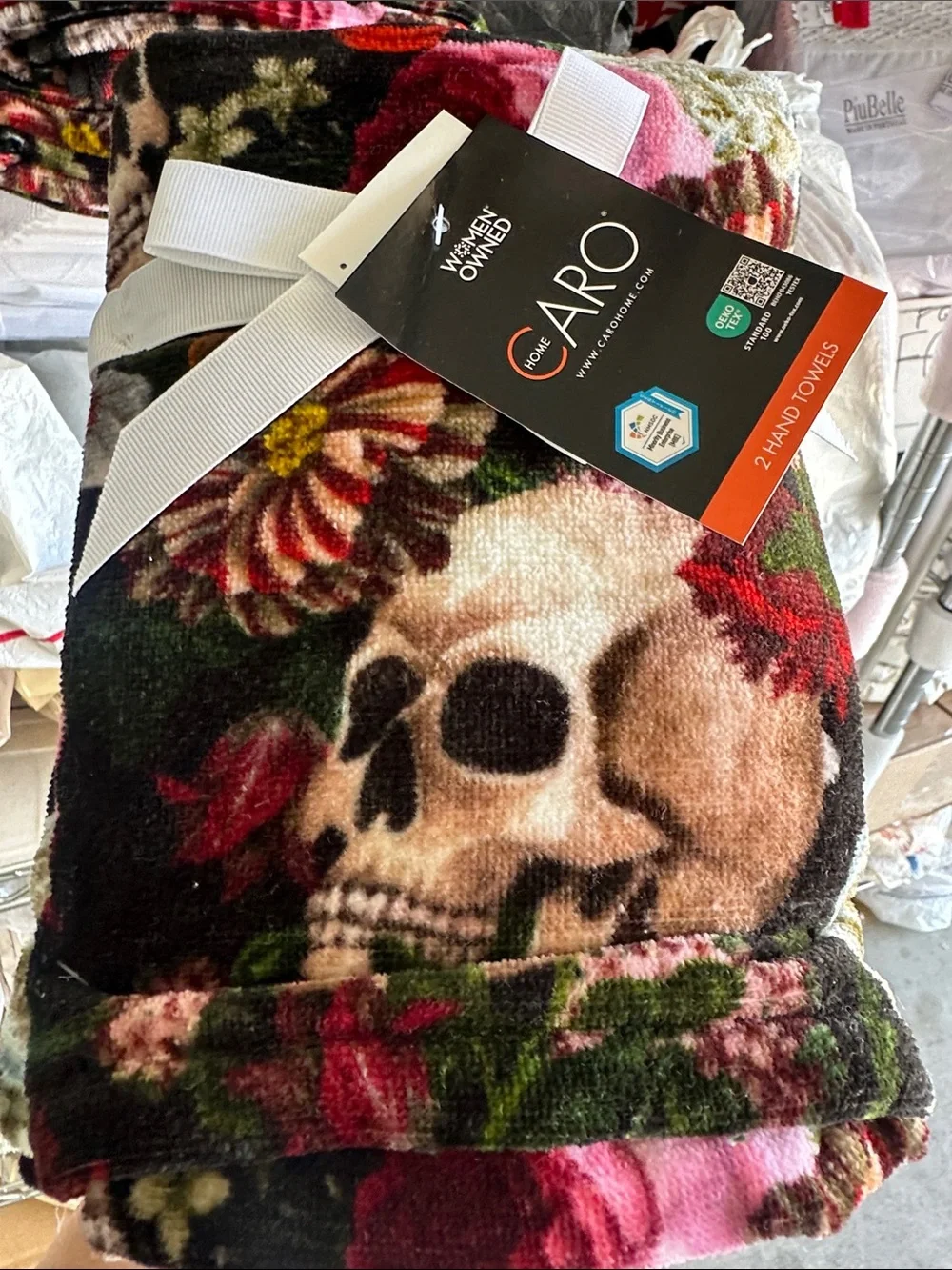 Caro Floral Skull Hand Towels set 2 - Black, Pink, Green